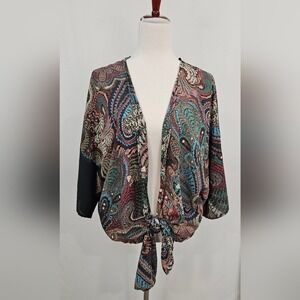 Scarf Print Paisley Boho Kimono Top Artsy Tie Front Wrap Medium